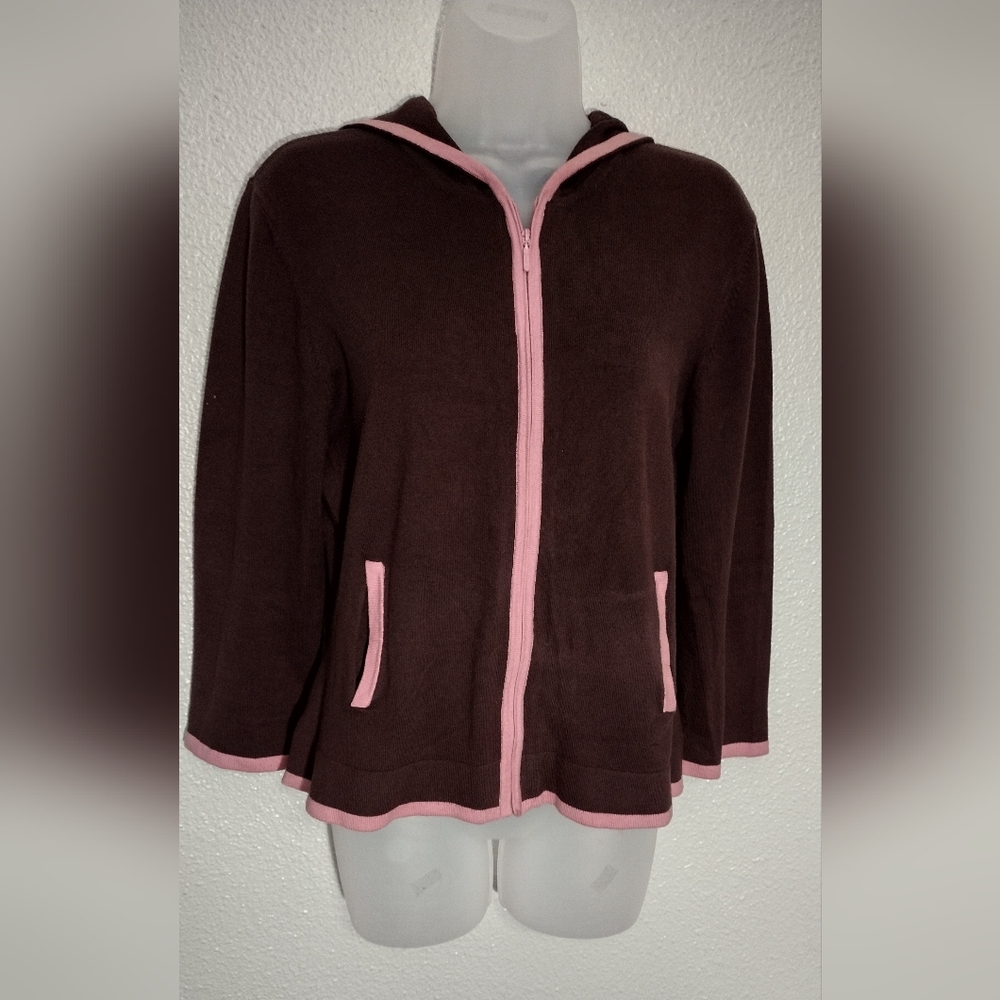 Ladies Brown with Pink Trim Zip front Hooded Cardigan